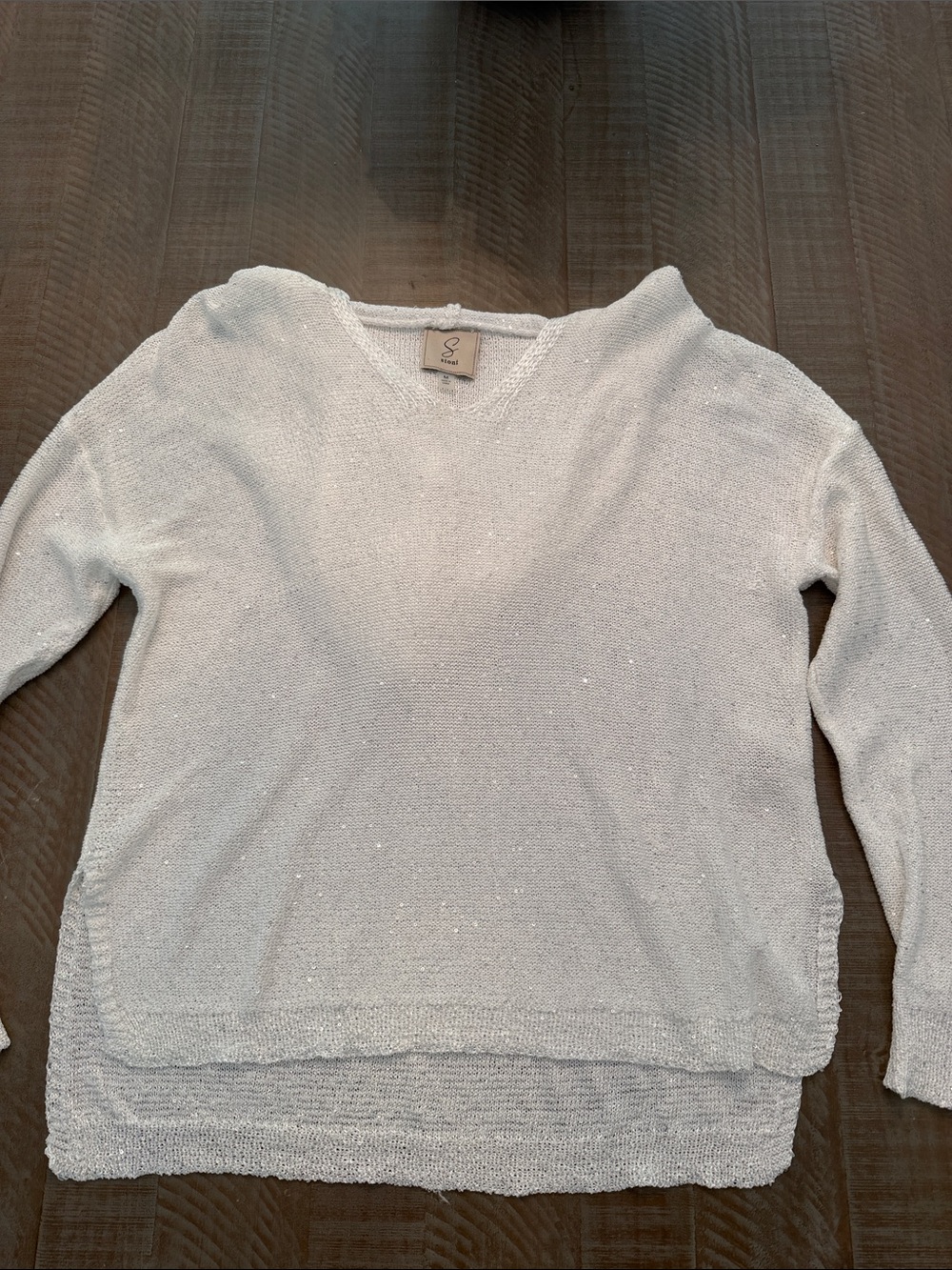 Sioni White Sparkle V-Neck Knit Hooded Sweater-NWOT
